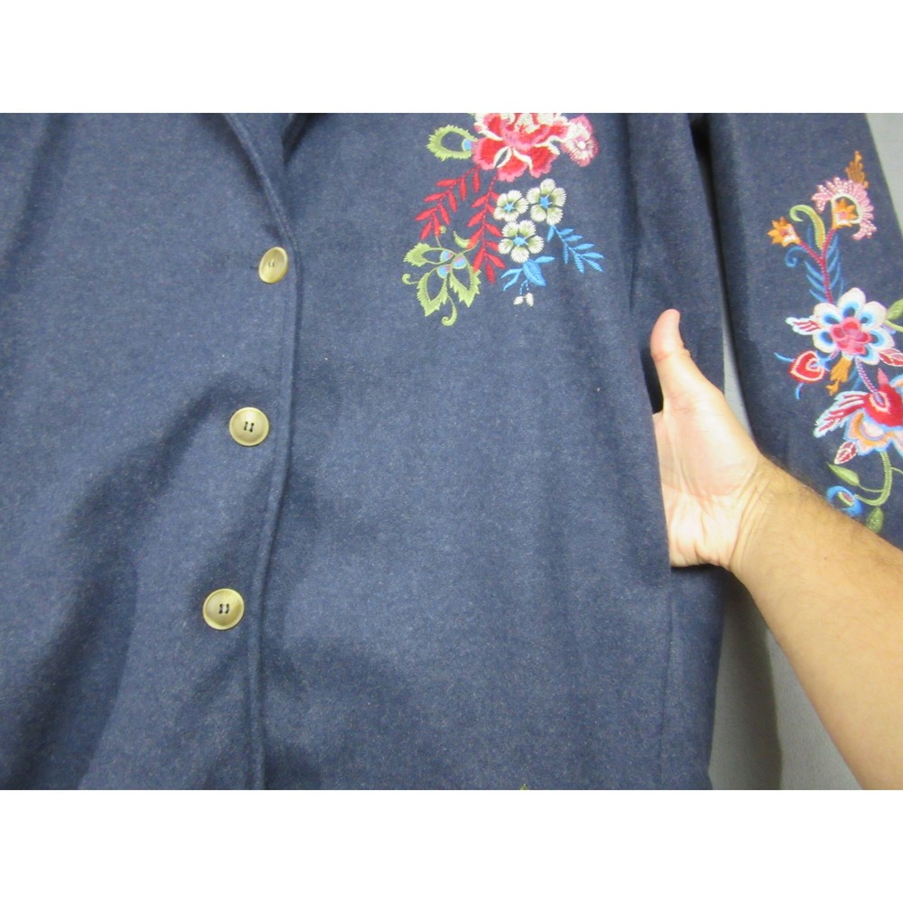 Trench Coat Jacket Women XL Blue Floral Vibrant Embroidered Longline Blazer - Picture 9 of 15